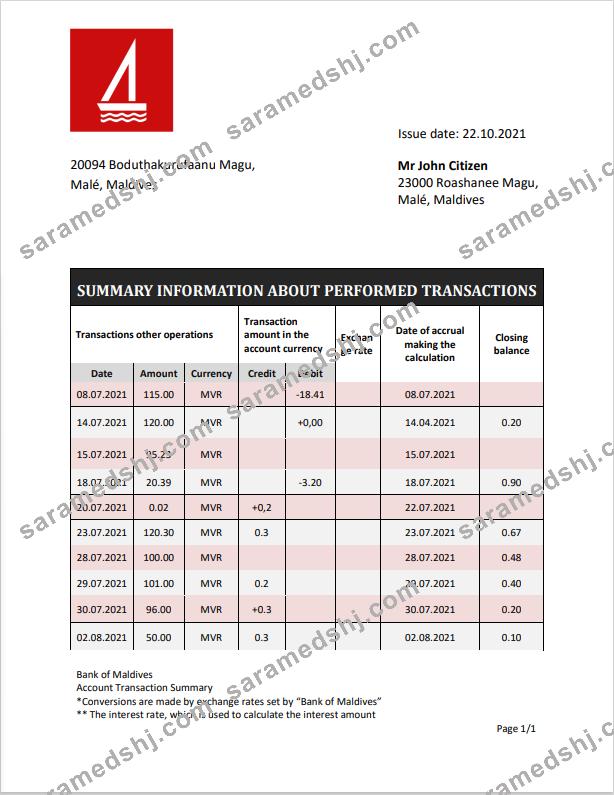 Maldives Bank of Maldives bank statement template in Word and PDF format